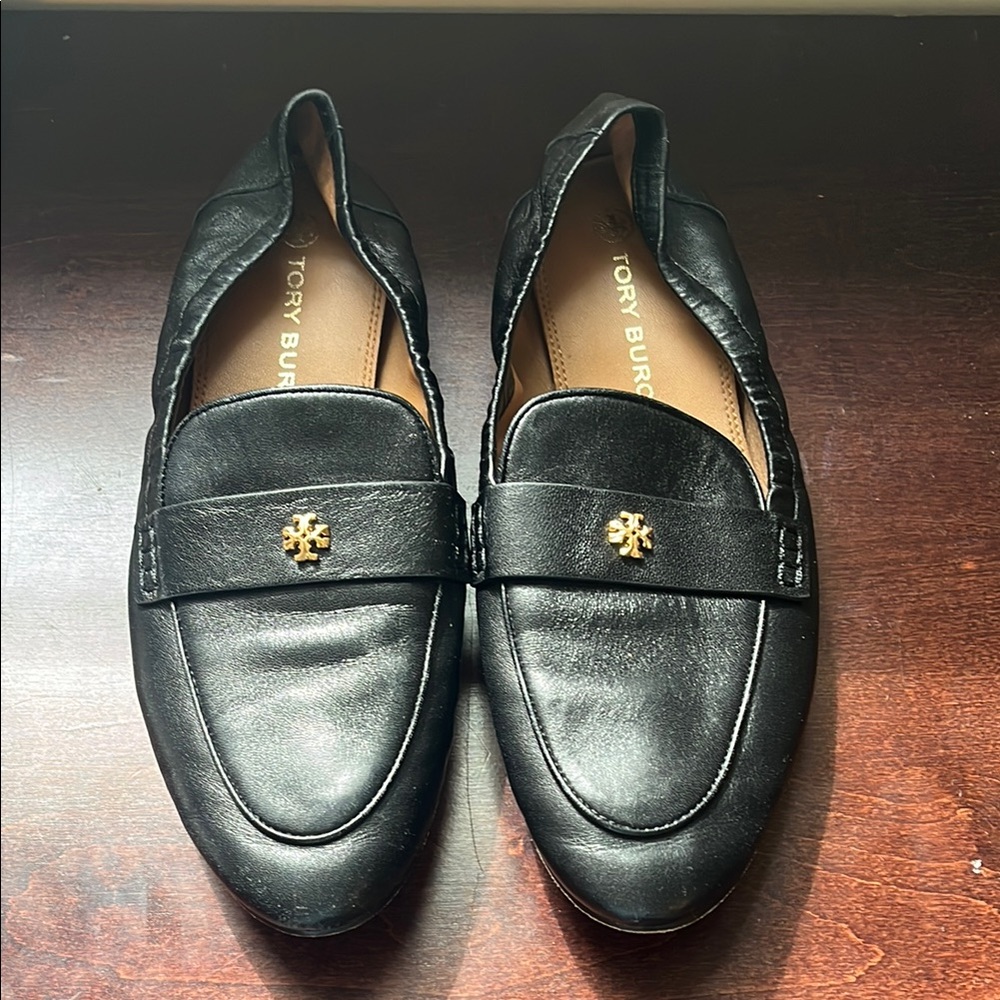 Tory Burch Black Slip-On Loafers with Gold Detail